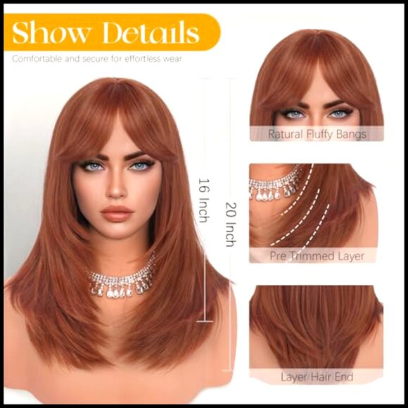 Long Straight Layered Synthetic Wig with Bangs Heat Resistant Party Daily Wear